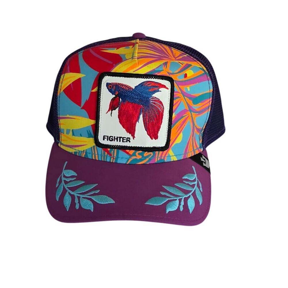 Goorin Bros Even Betta Trucker Hat Purple Fighter Fish Embroidered Neon Snapback